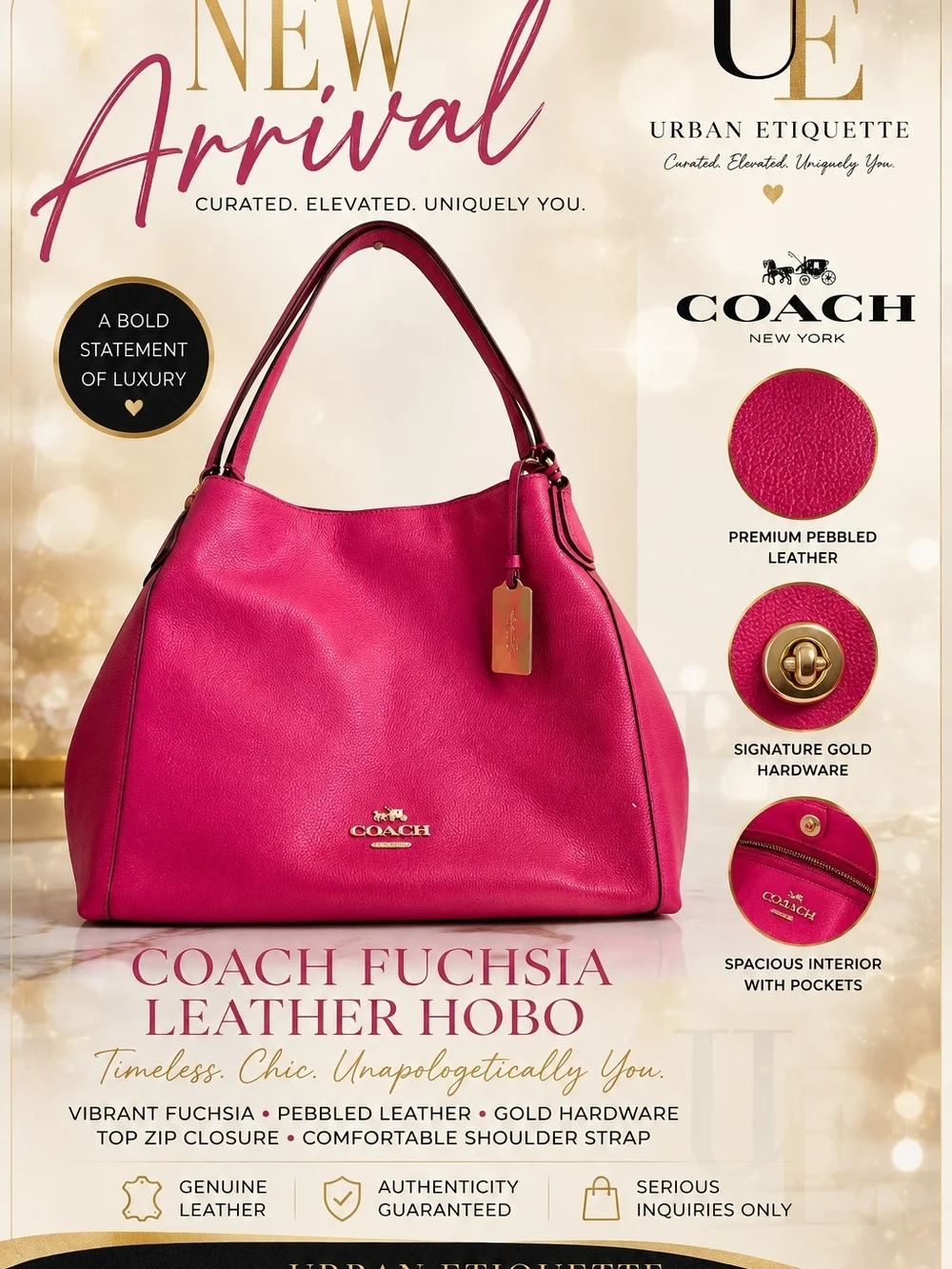 Coach Fuchsia Pebbled Leather Hobo